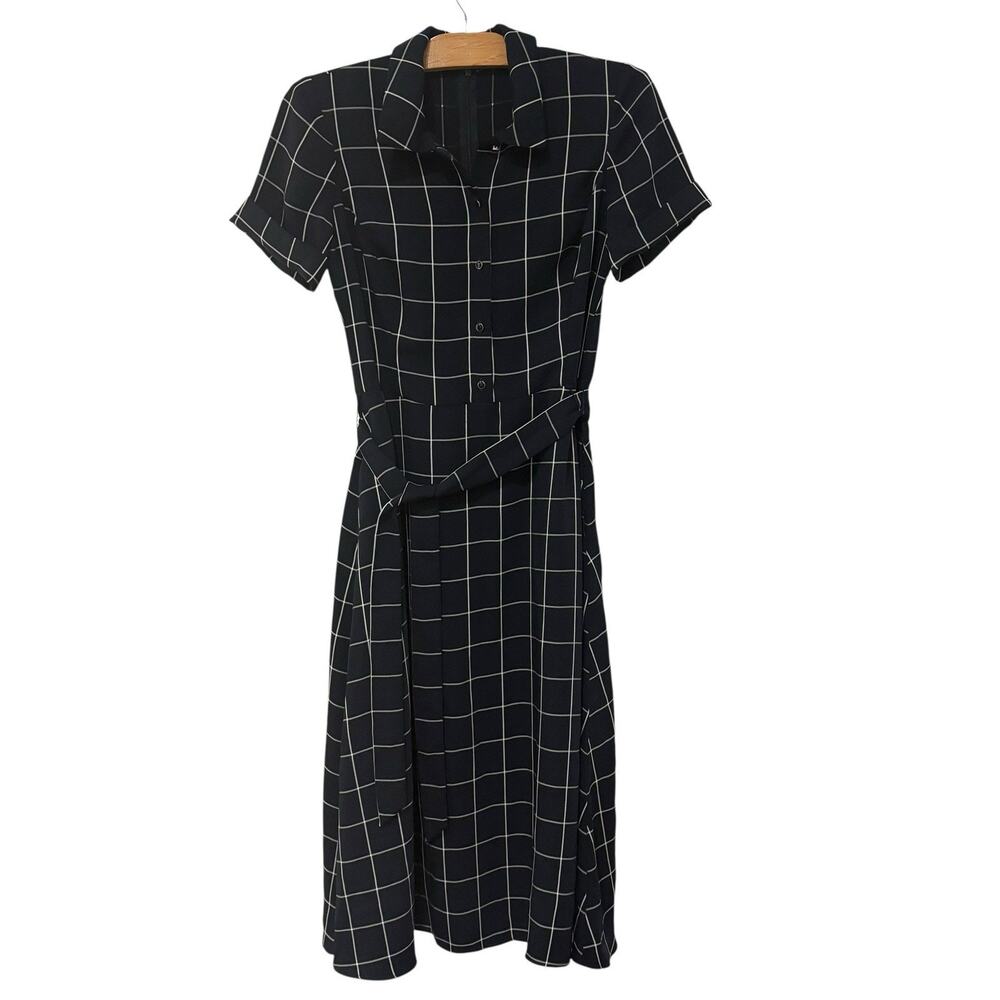 Maggy London | Dress Midi Windowpane Navy Belted Short Sleeve Button Front- 4